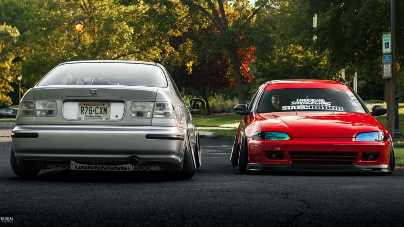 car meet, automotive, 1080P, land vehicle, outdoors, no people, modded, civic, tree, street, city, headlight, stance, red, retro styled, mode of transportation