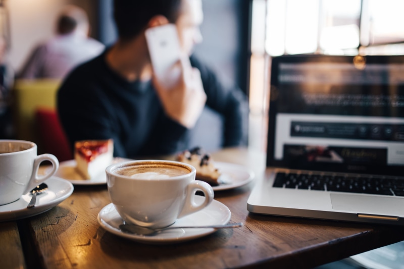 cafe, coffee, restaurant, cup, mug, one person, coffee shop, technology, wireless technology, adult, using computer, food and drink, 5K, saucer, refreshment