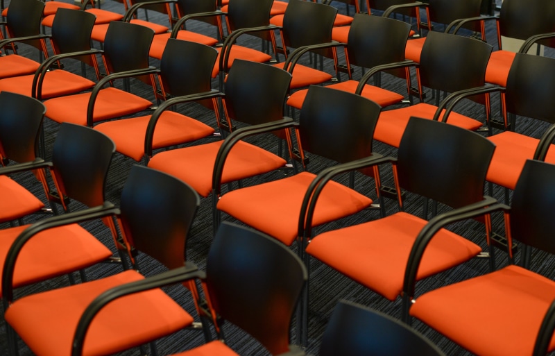 furniture, show, modern, photo, orange, congress, absence, table, orange color, high angle view, repetition, event, seminar, conference, empty, arrangement