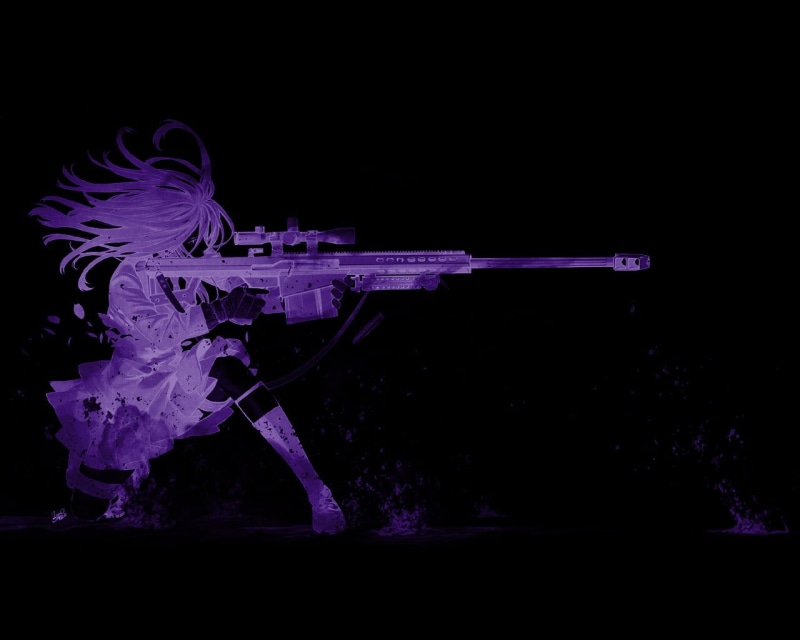 gun, anime, anime girls, dark, original characters, Kozaki Yuusuke, black background, purple, sniper rifle, 720P