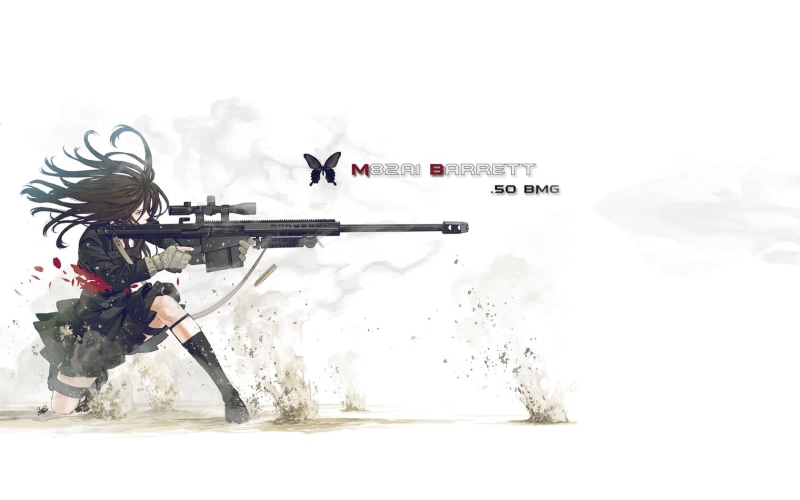 sport, weapon, anime, day, nature, profile view, holding, one person, shooting a weapon, Anime Girls, gun, rifle, aiming, outdoors, men, real people, equipment