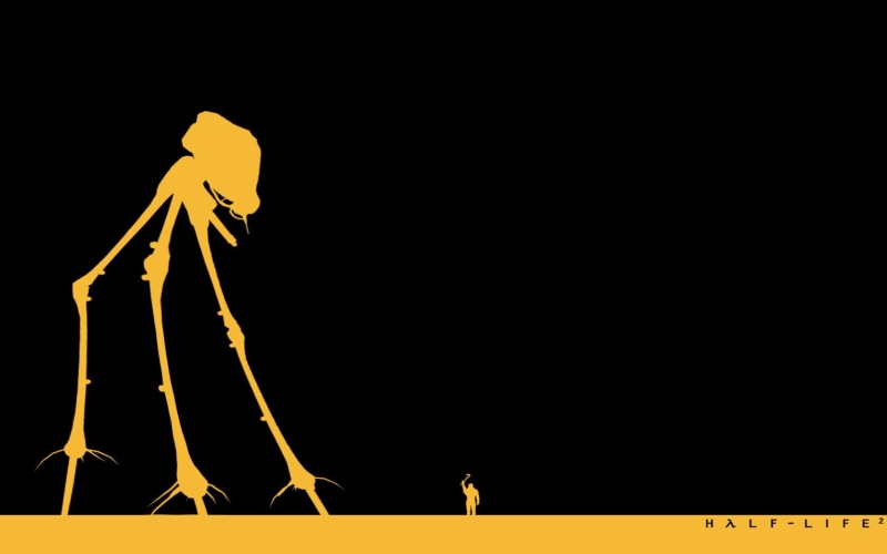 black background, Valve, no people, aliens, male likeness, robot, yellow, Half-Life, night, sign, architecture, sky, half, 720P, illuminated, minimalism