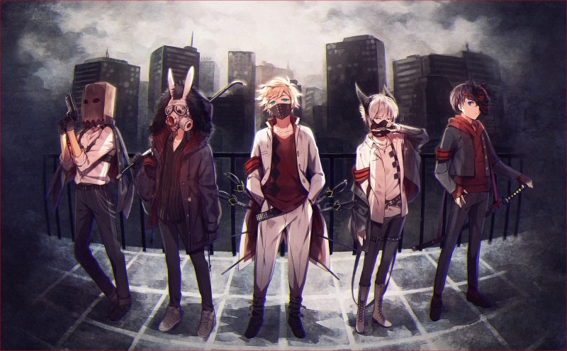 architecture, Short Hair, group of people, adult, anime, city, women, standing, front view, mask, night, real people, Katana, gun, full length, Anime Boys
