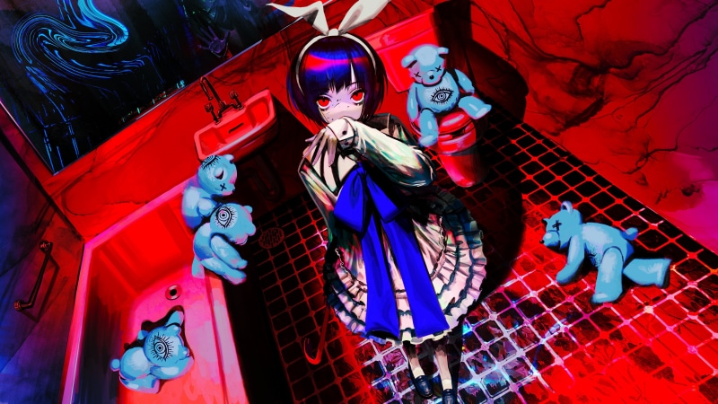 blood, crowbar, toilets, skirt, mirror, looking at viewer, anime girls, anime, bathroom, 4K, bunny ears, teddy bears, red eyes, short hair