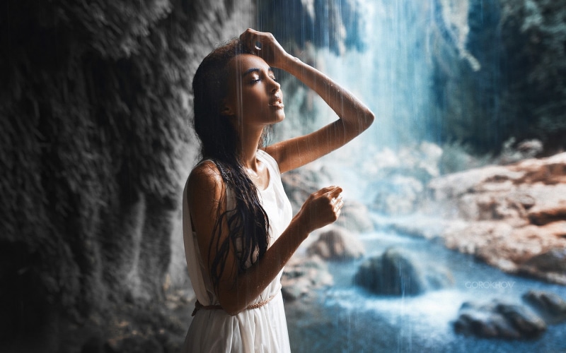 young women, scoop, river, sleeveless, outdoors, water, beautiful woman, white dress, s, beauty, adult, wet clothing, waterfall, young adult, long hair