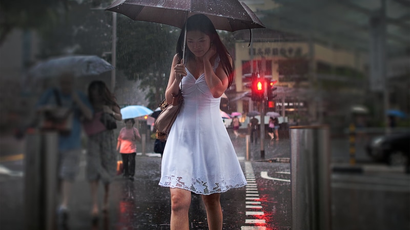 outdoors, three quarter length, wet, fashion, front view, sleeveless, women, white, one person, beautiful woman, umbrella, adult, Asian, dress, holding