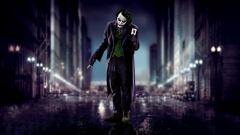 city, one person, MessenjahMatt, adult, clothing, Joker, young adult, Batman, full length, The Dark Knight, night, spooky, 1080P, illuminated, street