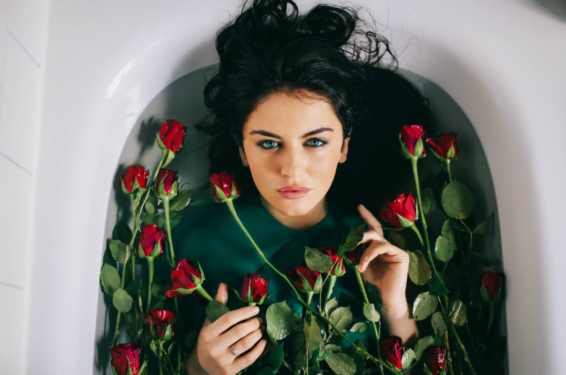 red, brunette, hair, 1080P, indoors, wet hair, flower, bath, beauty, bathtub, women, wet clothing, blue eyes, real people, hairstyle, water, wet, beautiful woman