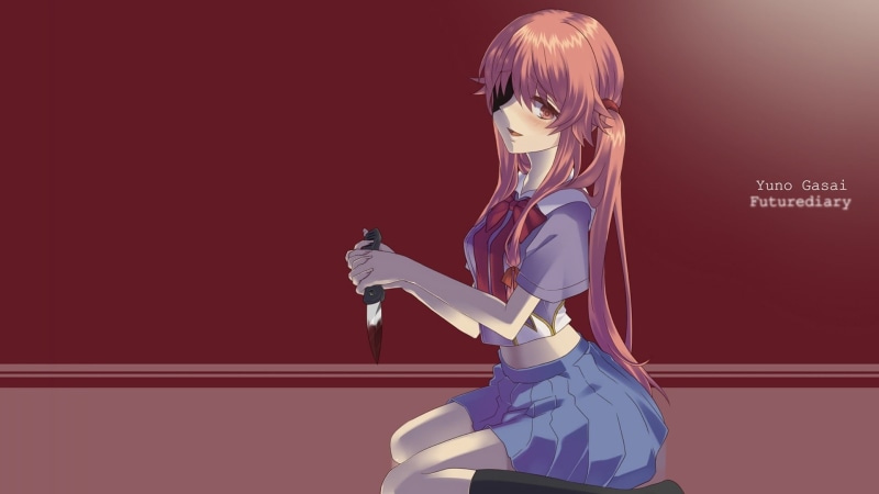 colored background, Mirai Nikki, holding, studio shot, yandere, technology, fashion, lifestyles, anime girls, red, indoors, one person, copy space, adult