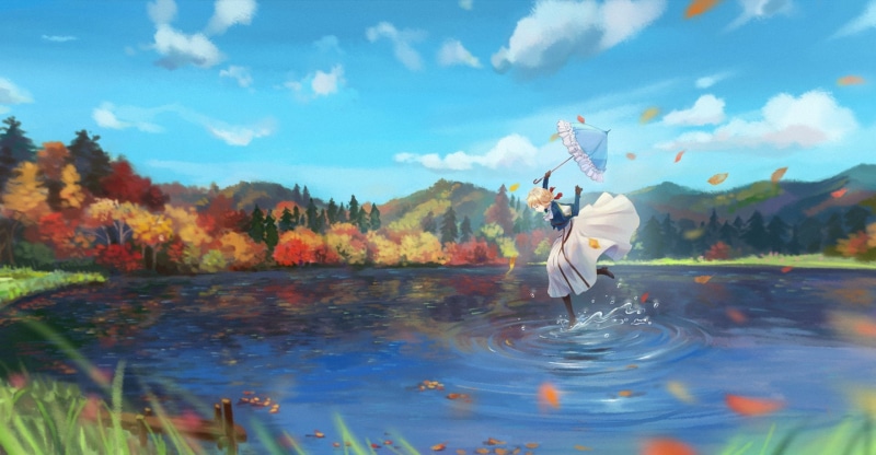 day, leisure activity, outdoors, Violet Evergarden (Character), water, plant, one person, Anime, lake, 1080P, standing, sky, tree, adult, landscape, environment