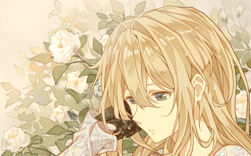 flowering plant, outdoors, plant, obscured face, Violet Evergarden, one person, pattern, Anime, flower head, beauty in nature, Violet Evergarden (Character)