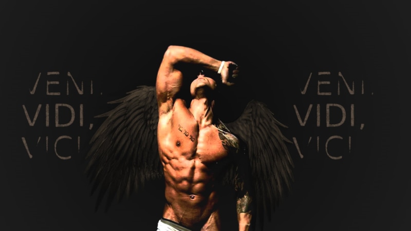 black background, waist up, front view, Zyzz Veni Vidi Vici, 1080P, white, standing, lifestyles, indoors, one person, strength, communication, real people