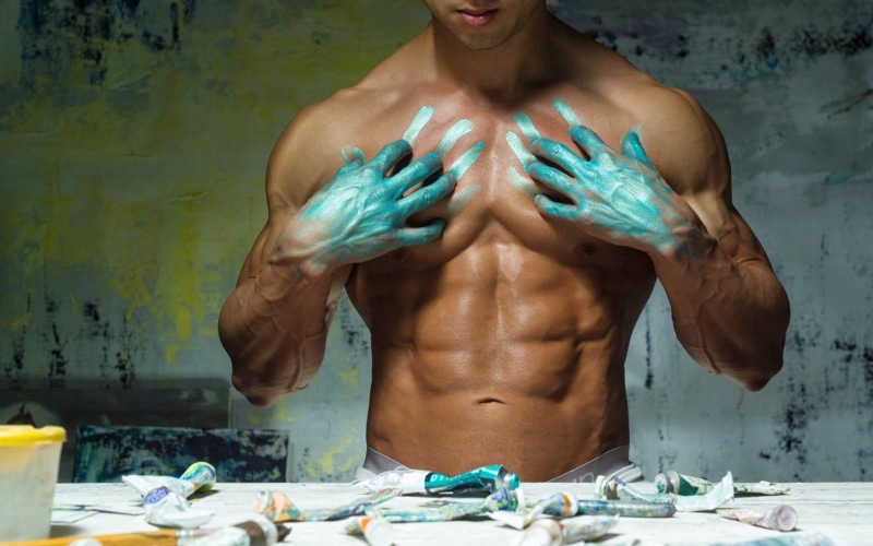 abs, men, 4-pack, tanned, biceps, hunks, 1080P, model, muscles, cyan, DIVASOFT