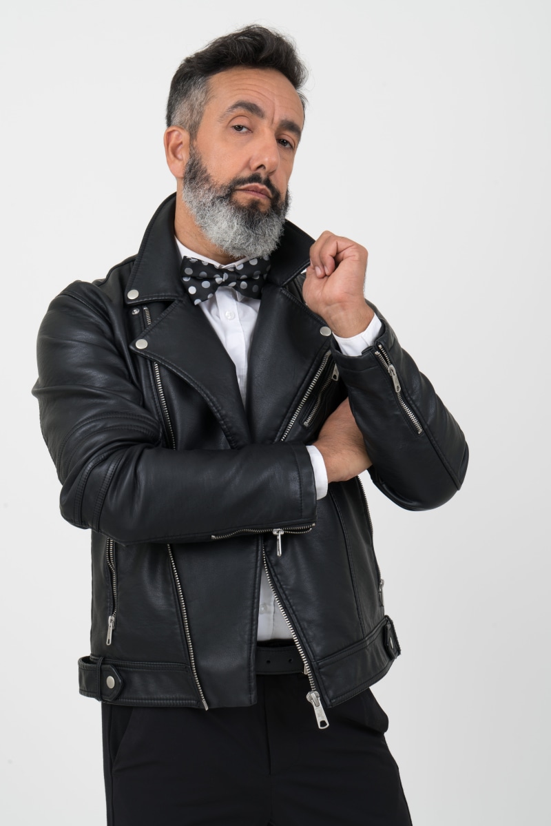 man, adult, wear, leather, men, one person, waist up, mature adult, indoors, white background, clothing, style, pose, mature men, males, looking, standing