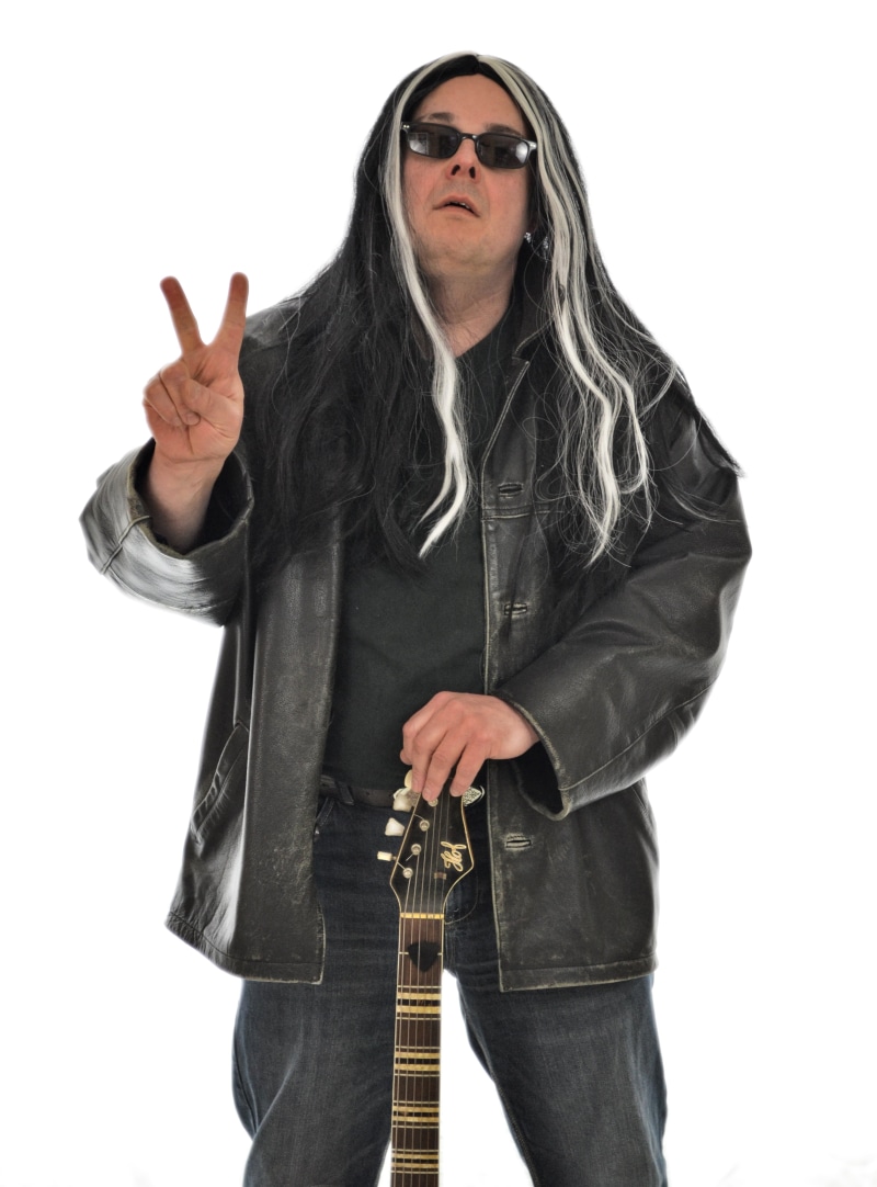 musician, comedy, black, guitarist, young adult, leather, peace, hand sign, caucasian Ethnicity, rock music, finger, hair, band, gesturing, s, fun, isolated On White