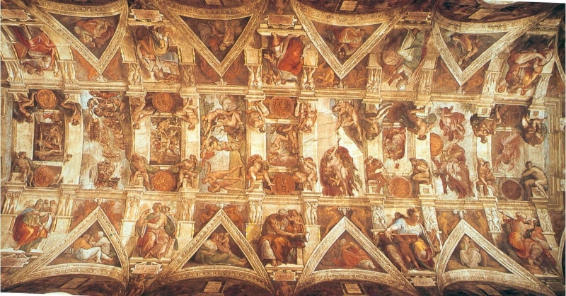 large group of objects, religion, indoors, built structure, pattern, masterpiece michelangelo buonarroti sistine ceiling paintings artwork classic art ceiling