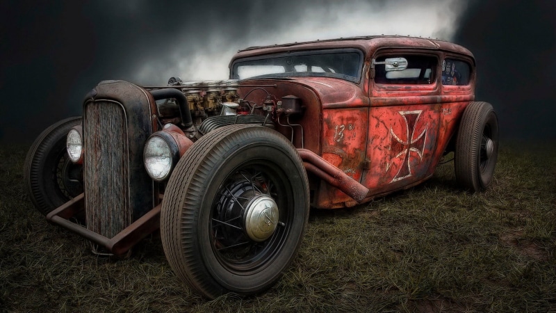 hot rod, automotive design, no people, automotive wheel system, classic car, red, mode of transportation, damaged, nostalgia, obsolete, transportation