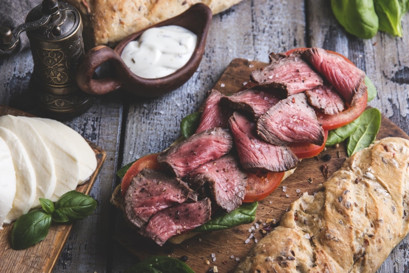 meat, Mozzarella, bread, cutting board, still life, food, wooden surface, 2K, salt, basil, tomatoes
