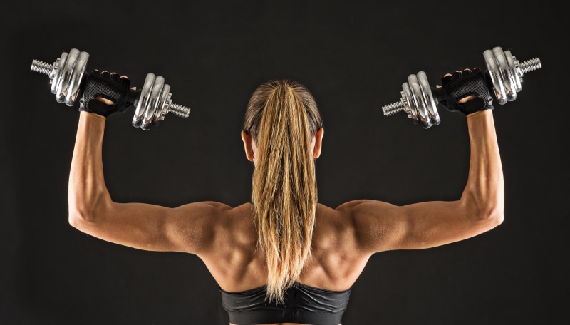 sportswear, fitness, muscular back, dumbbells, gray, girl, dumbbell, black, 4K