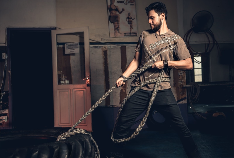 crossfit, pulling, bodybuilding, fit, bodybuilder, man, holding, guy, 5K, strength, work out, tied, young adult, mid adult men, fitness, indoors, muscle training