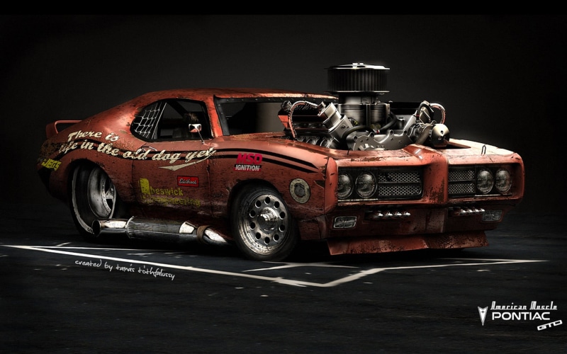 wheel, sport, black background, vintage car, car, indoors, road, racecar, render, transportation, retro styled, auto racing, red, Pontiac GTO, CGI, motor vehicle