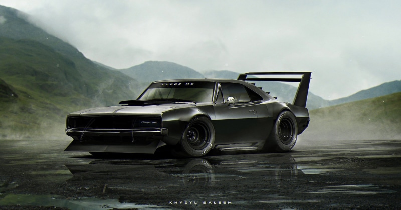 travel, 720P, mode of transportation, land vehicle, sky, artwork, cloud - sky, Dodge, environment, Dodge Charger, render, Hoosier, fog, nature, water