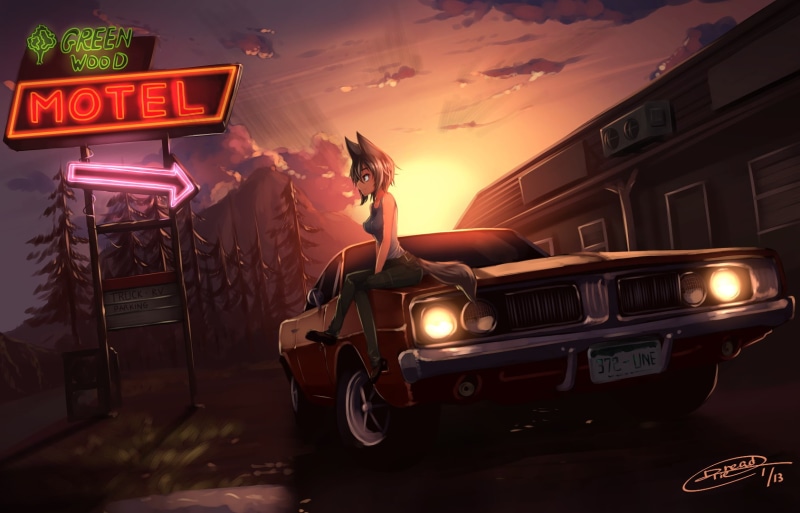 lifestyles, motor vehicle, architecture, anime, one person, text, real people, illuminated, leisure activity, transportation, muscle cars, anime girls