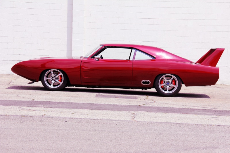 garage, side view, red, no people, red cars, retro styled, motor vehicle, car, land vehicle, mode of transportation, Plymouth Superbird, street, transportation