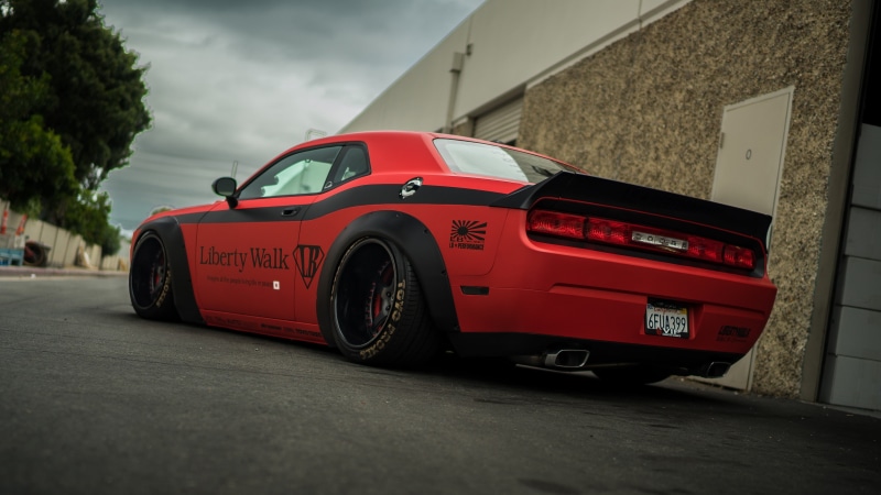 dodge, dodge challenger, red car, 4K, liberty walk, stanced