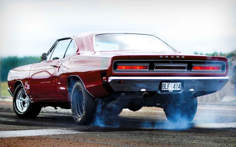 street, mode of transportation, coupe, pick-up truck, no people, side view, metal, Dodge Charger, stationary, road, land vehicle, retro styled, 1080P