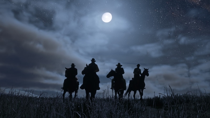 wild West, night, Red Dead Redemption 2, the moon, 1080P, cowboys