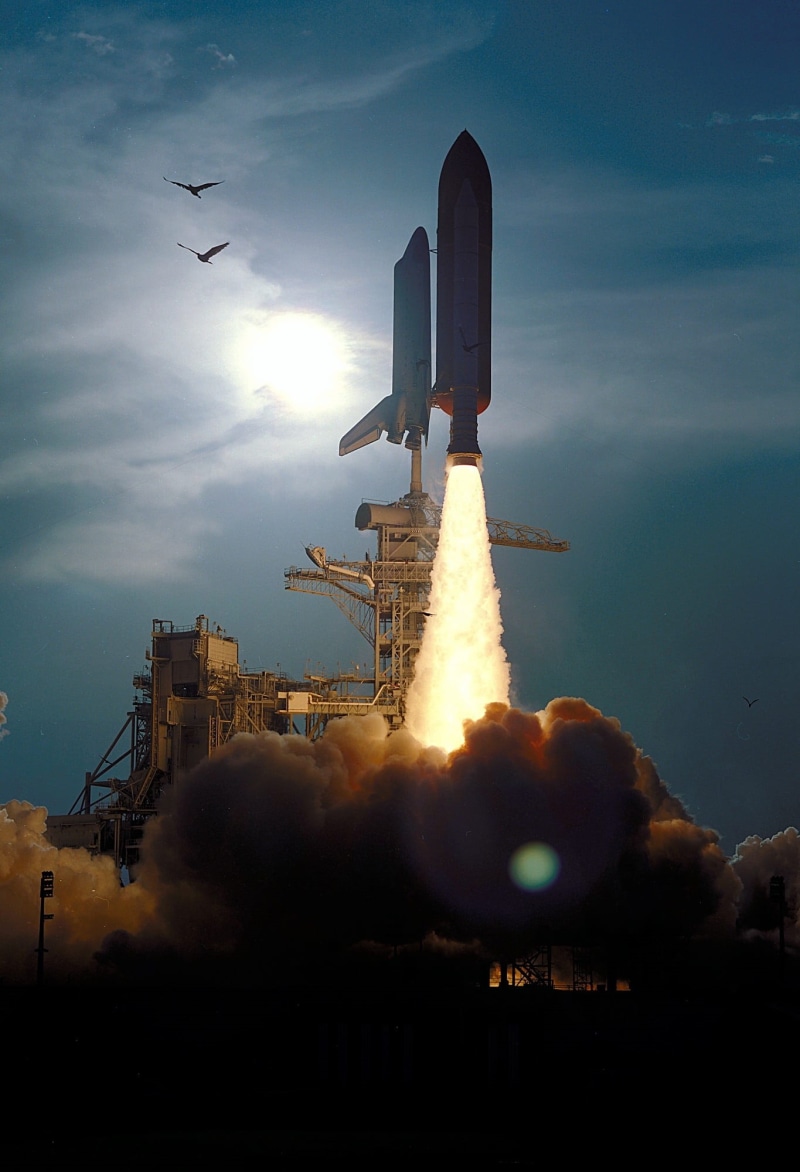 rocket, industry, space, astronaut, liftoff, transportation, pollution, built structure, 1080P, nature, exploration, day, spaceship, mid-air, no people