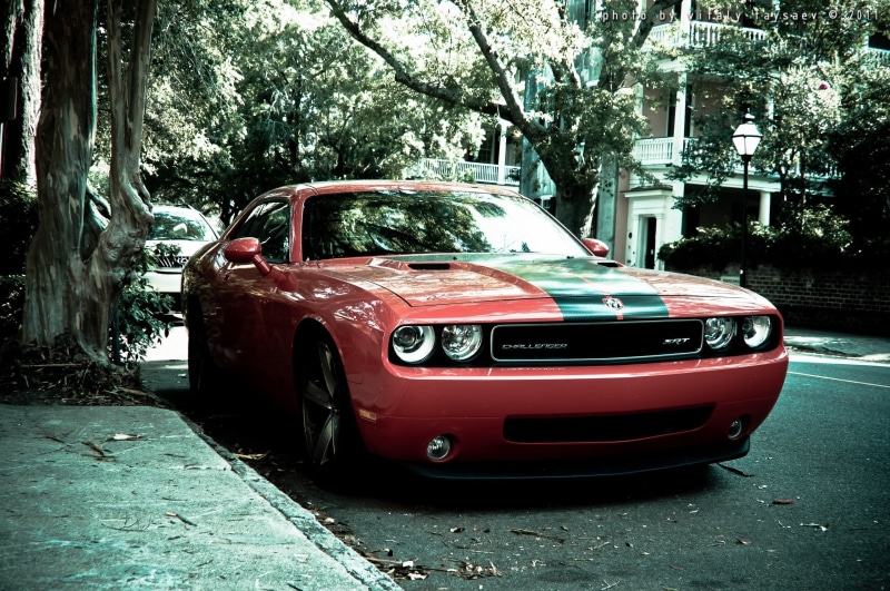 plant, outdoors, mode of transportation, muscle cars, tree, lantern, 2K, chrome, motor vehicle, land vehicle, street, retro styled, urban, car, red cars