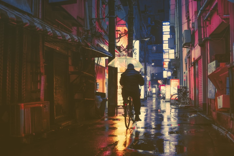street, cityscape, city lights, outdoors, rainy season, residential district, night, rain, built structure, Japan, one person, real people, alley, walking