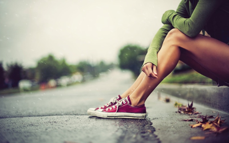 Converse, athlete, females, low section, sports Clothing, top, sneakers, activity, white, alone, road, wet street, old-fashioned, women outdoors, rain