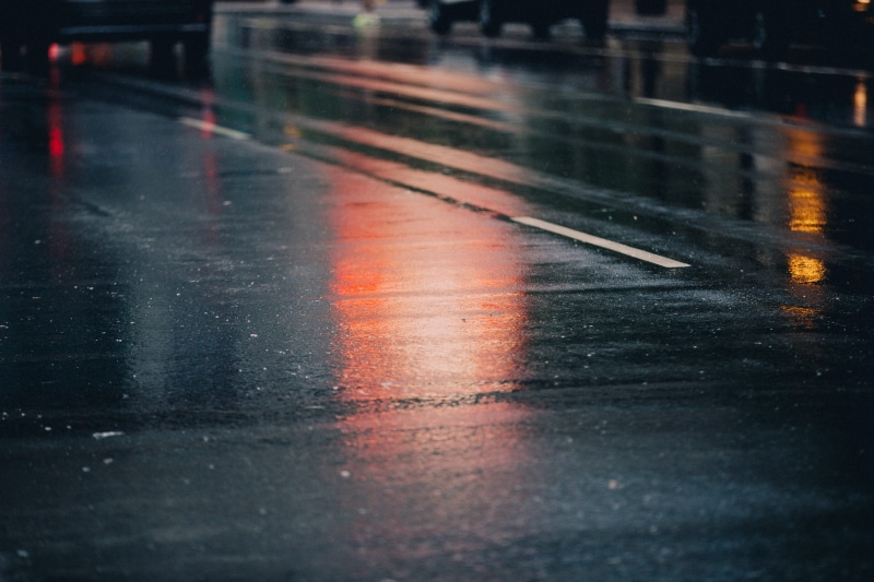 no people, city, street, transportation, 5K, water, glass - material, marking, outdoors, pavement, mode of transportation, sign, surface level, car, concrete
