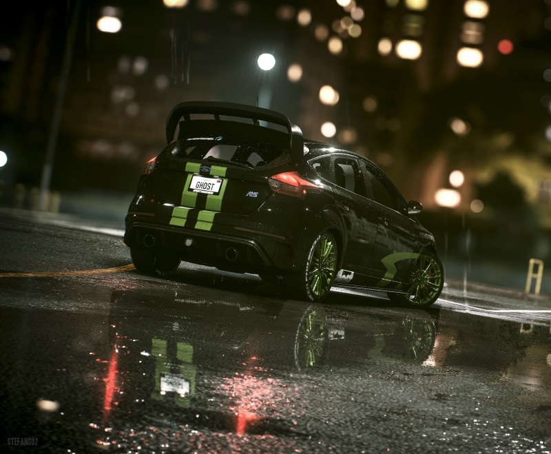 car, ford focus rs, rain, mode of transportation, night, built structure, ford, wet, reflection, street, water, outdoors, illuminated, building exterior