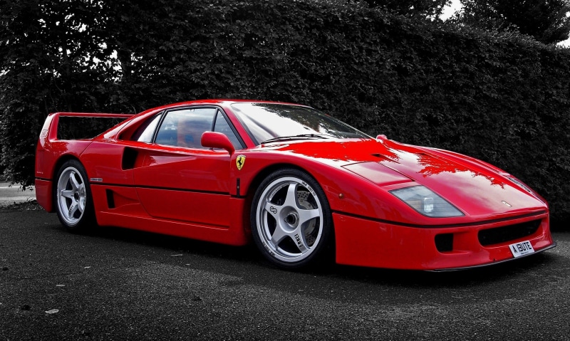 outdoors, road, car, sports car, street, red, nature, land vehicle, 2K, no people, plant, city, communication, Ferrari F40, retro styled, sign, wheel