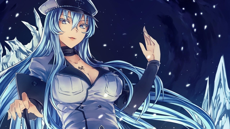 blue, ice, akame ga kill, 1080P, long hair, white, girl, anime, uniform, hat, snow, cold, captain, cool, esdeath, freeze, bad