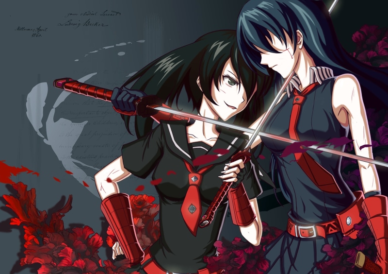 indoors, metal, digital composite, 2K, lighting equipment, creativity, no people, illuminated, Akame, human representation, Kurome, black, red, still life
