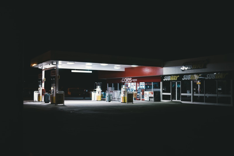 no People, transportation, glow, 5K, midnight, illuminated, city, architecture, red, black background, fuel, shell, night, caltex, parking Lot, urban Scene