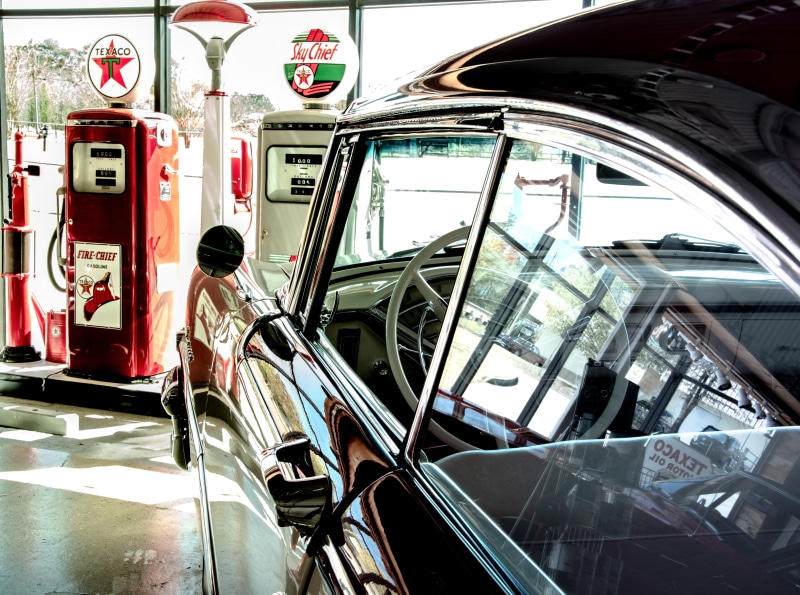 red, vintage, parked, window, russ photographer, windshield, tire, day, station, cars, black, convertible, oil, car, vehicle, car wash, public transportation