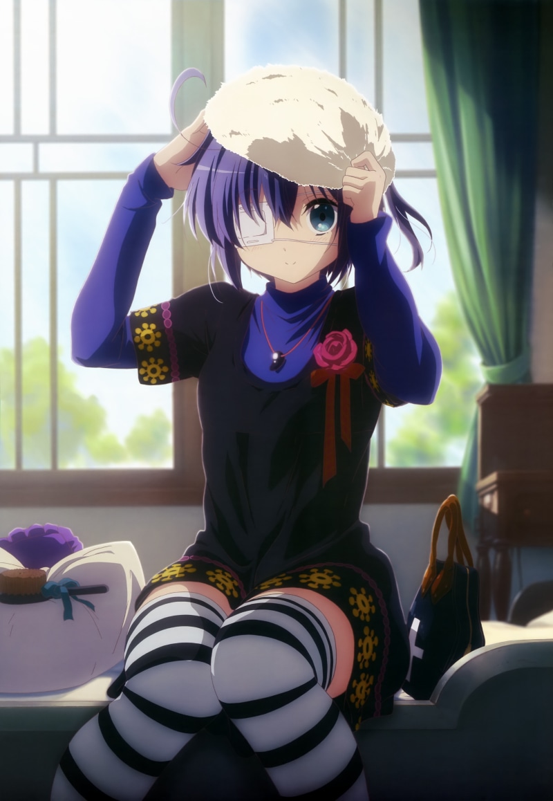 Chuunibyou demo Koi ga Shitai!, front view, arms raised, clothing, one person, stockings, beautiful woman, purple, sitting, hat, Takanashi Rikka, day, human arm
