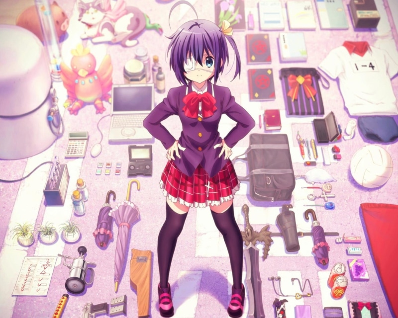 720P, Chuunibyou demo Koi ga Shitai!, miniskirt, umbrella, anime girls, looking at viewer, Takanashi Rikka, stockings, anime