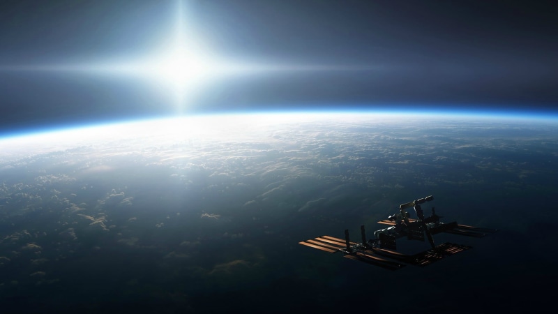 sunlight, aerial view, satellite, planet earth, communication, 1080P, no people, orbiting, water, sky, space art, station, horizon, digital art, futuristic