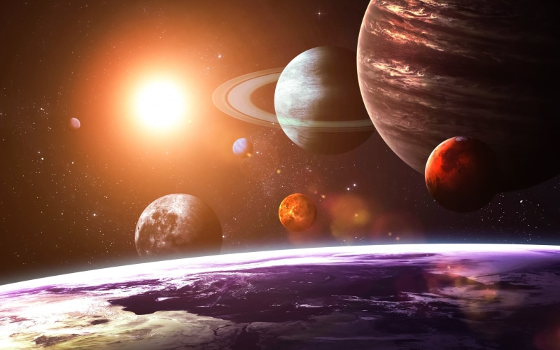 orbiting, no people, solar system, 3D, 2K, planets, star field, earth, lens flare, eclipse, night, star, digital, sphere, astronomy, seen, system