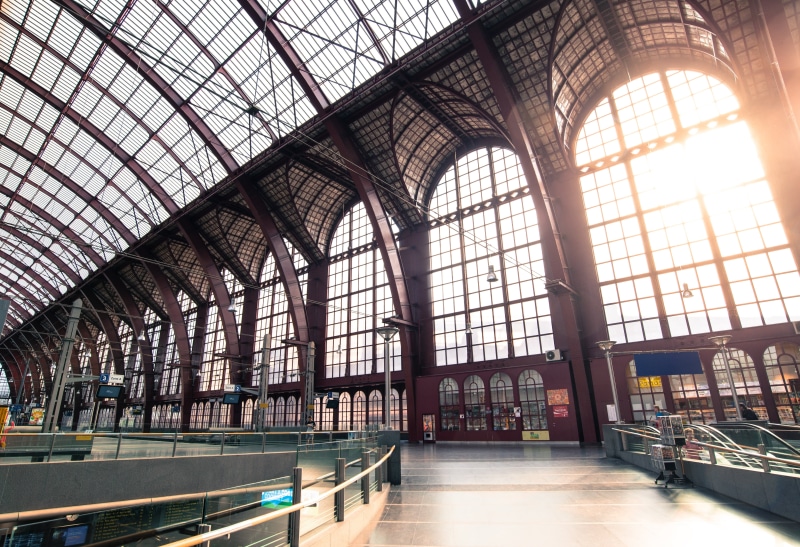 antwerp, european, station, arch, building, empty, transportation, absence, city, interior, monument, architecture, day, railroad, sunlight, sunset, travel