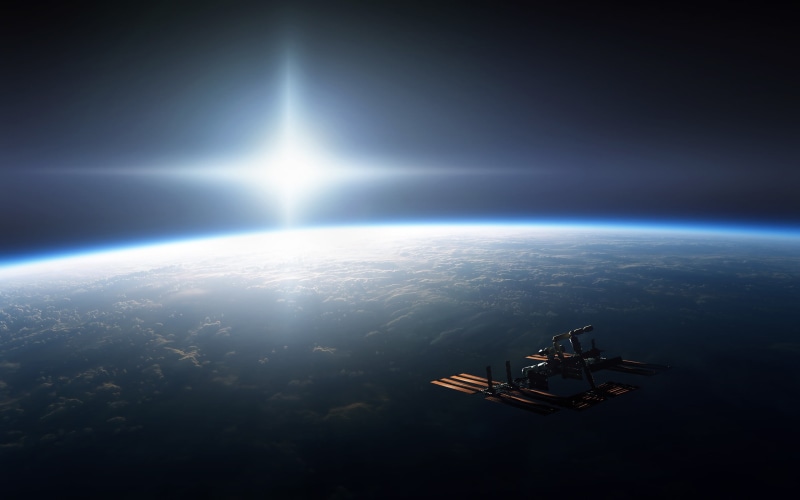 sky, digital art, technology, sunlight, urban skyline, lens flare, nature, photography, horizon, industry, 2K, CGI, Sun, ISS, copy space, orbiting, aerial view