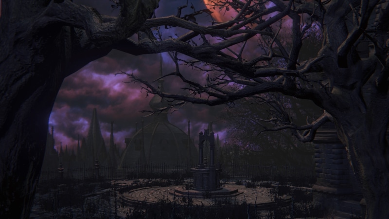 sky, Bloodborne, screen shot, tree, built structure, building, growth, outdoors, nature, dusk, tranquility, plant, branch, religion, building exterior