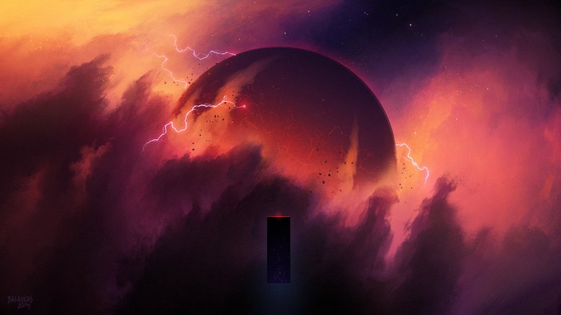 building exterior, galaxy, orange color, people, 1080P, dark, architecture, science, scenics - nature, cloud - sky, space, nature, low angle view
